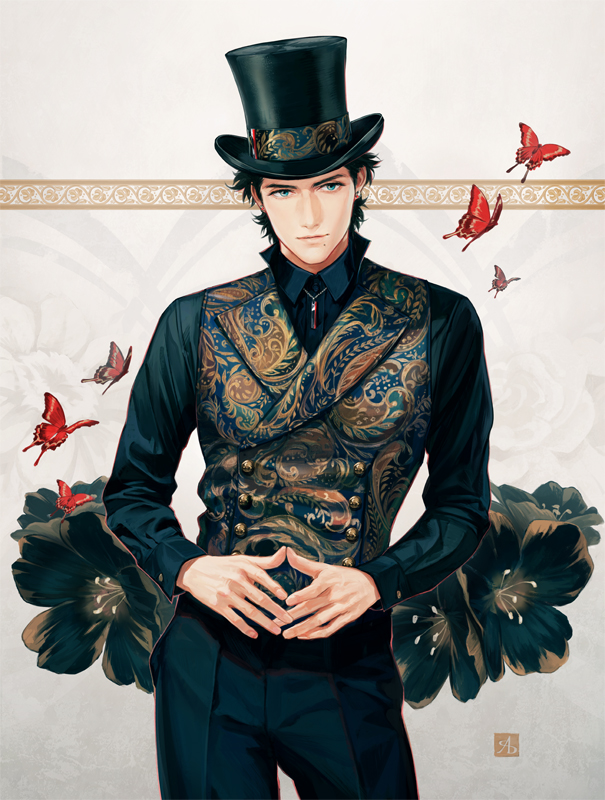 1boy aqua_eyes art_deco black_flower black_hair black_headwear black_pants black_shirt blue_vest bug butterfly buttons closed_mouth collared_shirt double-breasted dress_shirt earrings facing_viewer fingernails floral_background flower hat high_collar jewelry jitome lapels light_smile long_sleeves looking_afar male_focus messy_hair mole mole_under_mouth necklace original own_hands_together pant_suit pants patterned_clothing red_butterfly shade shirt simple_background steepled_fingers suda_ayaka suit top_hat vest white_background