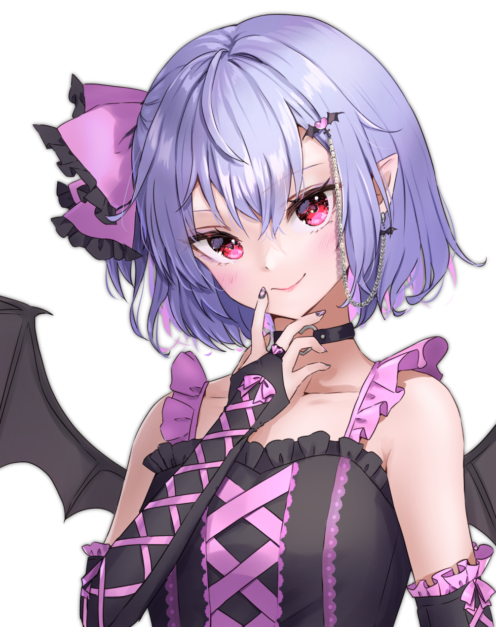 1girl alternate_costume bare_shoulders bat_wings blue_hair breasts choker collarbone commentary_request dress elbow_gloves fang fingerless_gloves frilled_dress frills gloves highres looking_at_viewer pointy_ears red_eyes remilia_scarlet shironeko_yuuki simple_background small_breasts smile solo strap touhou white_background wings