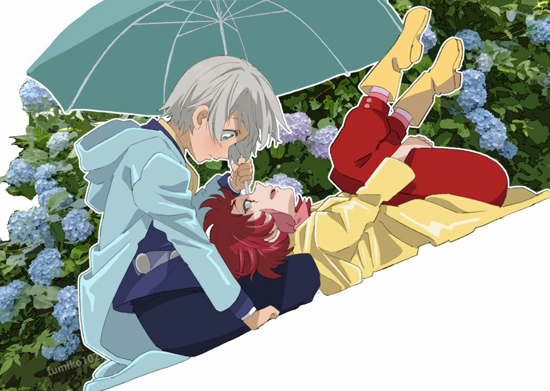 artist_name blue_jacket blue_pants blush eye_contact flower fumiko_(mesushi) green_eyes hetero holding holding_umbrella hydrangea iria_animi jacket lap_pillow looking_at_another lying neckerchief on_back on_ground open_mouth pants raincoat red_eyes red_neckerchief red_pants redhead ruca_milda short_hair sitting smile socks striped striped_socks tales_of_(series) tales_of_innocence umbrella white_hair yellow_footwear yellow_jacket