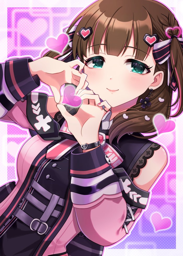 1girl aqua_eyes ayaca blunt_bangs border brown_hair commission dot_nose earrings eyelashes flower_earrings hair_ornament hair_ribbon heart heart_background heart_hair_ornament heart_hands idolmaster idolmaster_cinderella_girls idolmaster_cinderella_girls_starlight_stage jewelry light_blush lips long_sleeves looking_at_viewer medium_hair off_shoulder outside_border pink_nails pink_shirt ribbon sakuma_mayu shirt skeb_commission smile solo upper_body white_border