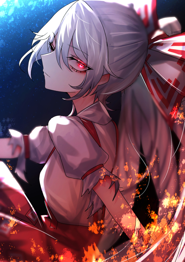 1girl 33_gaff closed_mouth commentary fire fujiwara_no_mokou grey_hair hair_between_eyes long_hair looking_at_viewer pants ponytail red_eyes red_pants short_sleeves solo suspenders touhou upper_body