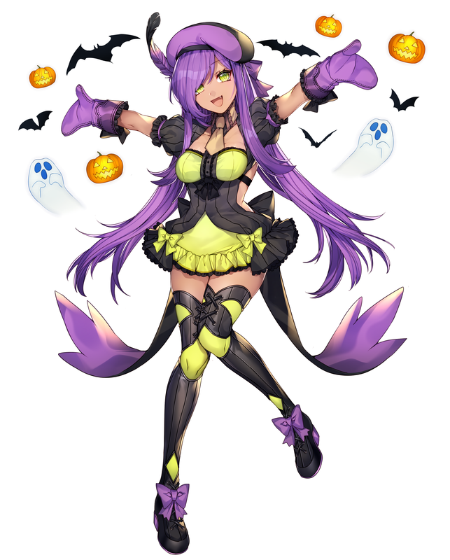 1girl :d arms_up back_bow bat_(animal) beret bow dark-skinned_female dark_skin dress dress_bow fang ghost gourgeist green_bow green_eyes hat jack-o'-lantern katagiri_hachigou long_hair mittens necktie open_mouth personification pokemon puffy_short_sleeves puffy_sleeves purple_bow purple_hair purple_mittens shiny_clothes short_dress short_sleeves simple_background smile solo swept_bangs thigh-highs very_long_hair white_background yellow_necktie