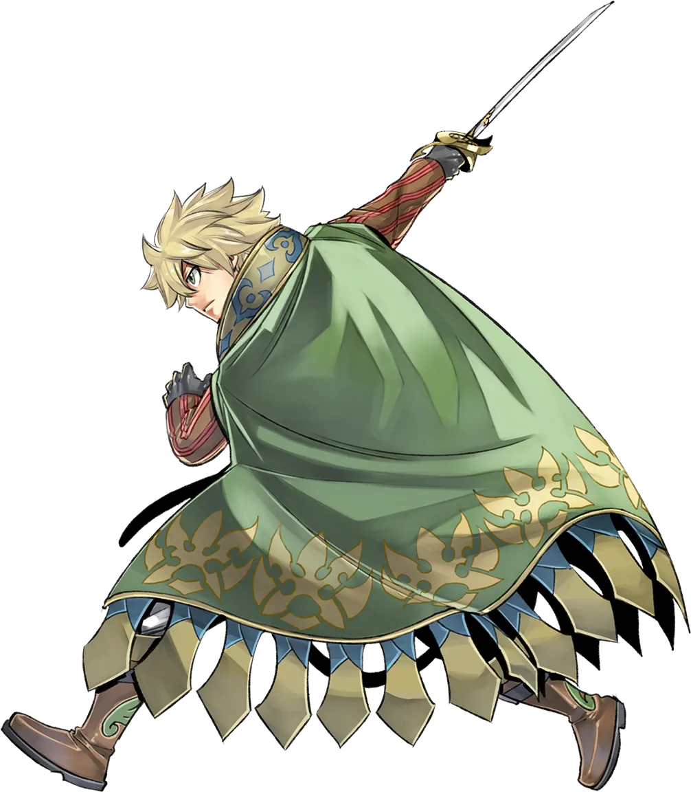 1boy black_gloves blonde_hair boots brown_footwear cloak from_side full_body gate_of_nightmares gloves green_cloak green_eyes holding holding_sword holding_weapon looking_at_viewer mashima_hiro official_art oliver_(gate_of_nightmares) rapier short_hair simple_background solo sword transparent_background weapon