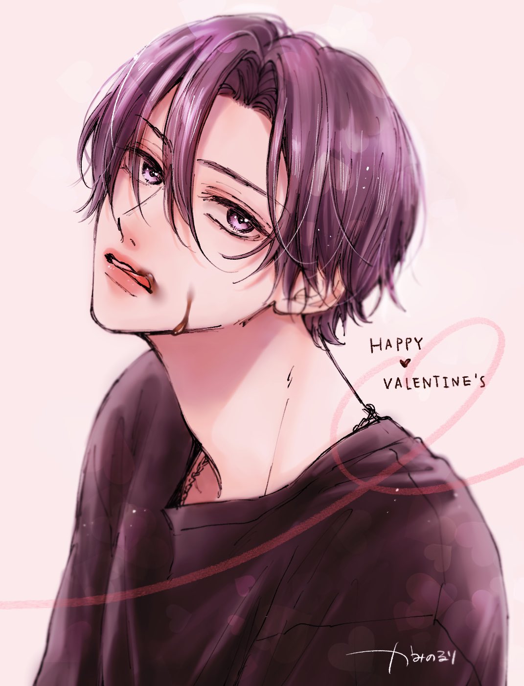 artist_name black_shirt chocolate chocolate_on_face commentary curtained_hair food food_on_face grey_eyes hair_between_eyes happy_valentine heart highres kaminoruri licking_lips long_bangs long_neck looking_at_viewer male_focus natsume-senpai_ni_semarareru_hibi natsume_outarou neck nose parted_hair parted_lips pink_lips portrait purple_hair sanpaku shirt short_hair simple_background solo tongue tongue_out white_background