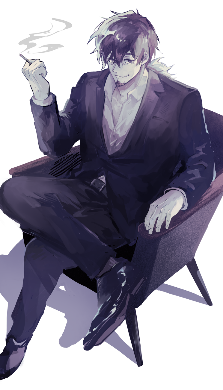 1boy belt between_fingers cigarette collared_shirt crossed_legs dress_shoes fate/grand_order fate_(series) fingernails hector_(fate) highres holding jacket long_hair long_sleeves male_focus mature_male monochrome on_chair pants shadow shirt simple_background sitting smoke smoking solo tumikilondon5 white_background