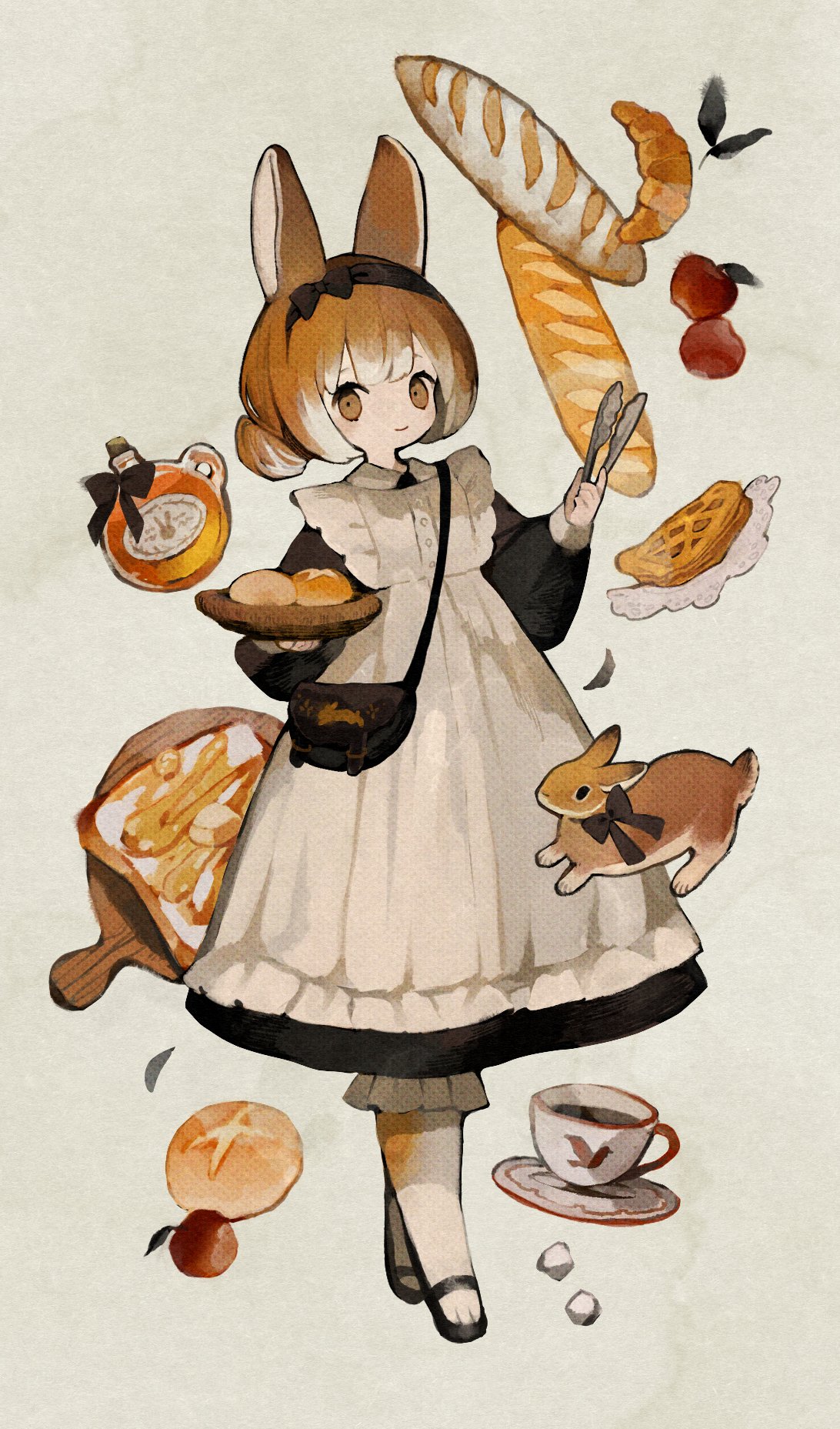 1girl animal animal_ears apple apron bag baguette black_bow black_dress black_footwear bloomers bottle bow bow_hairband bowl bread brown_eyes brown_hair butter closed_mouth commentary_request croissant cup dress food fruit gradient_hair hairband handbag highres holding holding_bowl holding_tongs long_sleeves looking_at_viewer maid multicolored_hair original pastry pie rabbit rabbit_ears rabbit_girl sakutake_(ue3sayu) short_hair shoulder_bag smile solo sugar_cube syrup teacup toast tongs tray white_apron wooden_tray