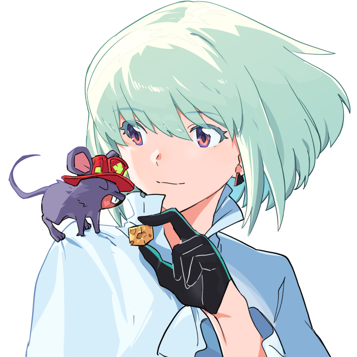 1boy ahoge animal_on_shoulder black_gloves cheese colored_eyelashes commentary earrings english_commentary feeding food gloves green_hair half_gloves holding holding_food jewelry lio_fotia long_sleeves male_focus mouse no_jacket ns1123 otoko_no_ko promare red_headwear shirt short_hair simple_background smile solo_focus triangle_earrings vinny_(promare) violet_eyes white_background white_shirt