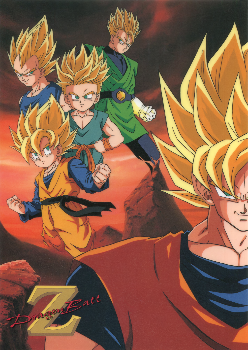 1990s_(style) aqua_eyes blonde_hair clenched_hands copyright_name day dougi dragon_ball dragon_ball_z father_and_son gloves highres long_sleeves looking_at_viewer male_focus muscular muscular_male non-web_source official_art outdoors retro_artstyle saiyan scan serious smile son_gohan son_goku son_goten spiky_hair super_saiyan super_saiyan_1 trunks_(dragon_ball) vegeta widow's_peak wristband