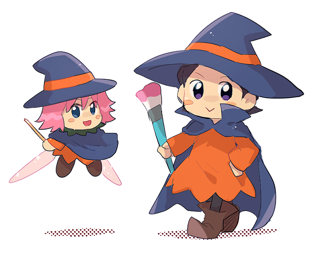 2girls adeleine alternate_costume black_hair blush_stickers boots brown_footwear cape chiimako commentary_request dress fairy fairy_wings full_body hand_on_own_hip hat holding holding_paintbrush holding_wand kirby_(series) kirby_64 multiple_girls orange_dress paintbrush pink_hair ribbon_(kirby) smile wand wings witch_hat