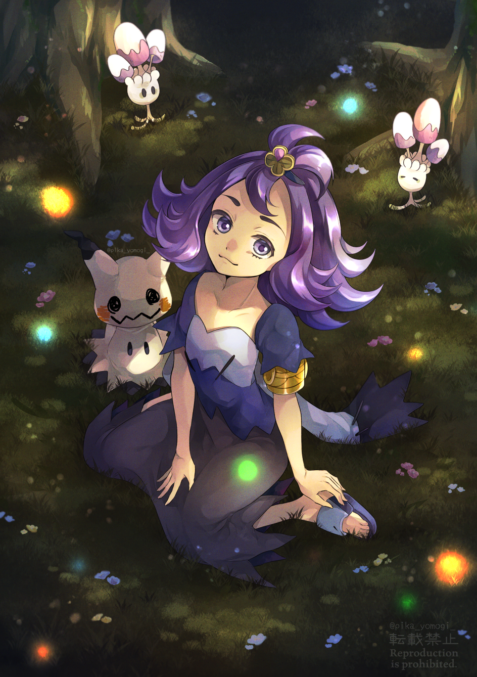 1girl :3 acerola_(pokemon) armlet blue_dress closed_mouth commentary_request dress eyelashes flip-flops flipped_hair grass grey_dress hair_ornament hairclip highres medium_hair mimikyu morelull multicolored_clothes multicolored_dress night outdoors pokemon pokemon_(game) pokemon_sm purple_footwear purple_hair sandals short_sleeves sitting smile stitches toes topknot torn_clothes torn_dress tree violet_eyes yomogi_(black-elf)