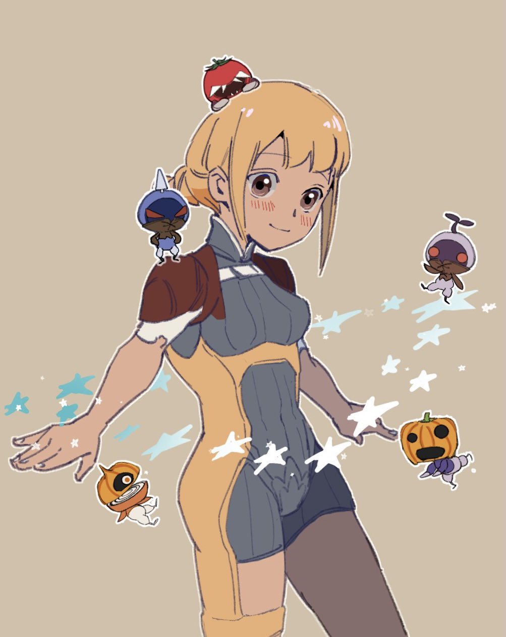 1girl blonde_hair blush bodysuit braid brown_eyes closed_mouth final_fantasy final_fantasy_xii highres long_hair looking_at_viewer monster penelo simple_background siotomato smile solo star_(symbol) twin_braids twintails