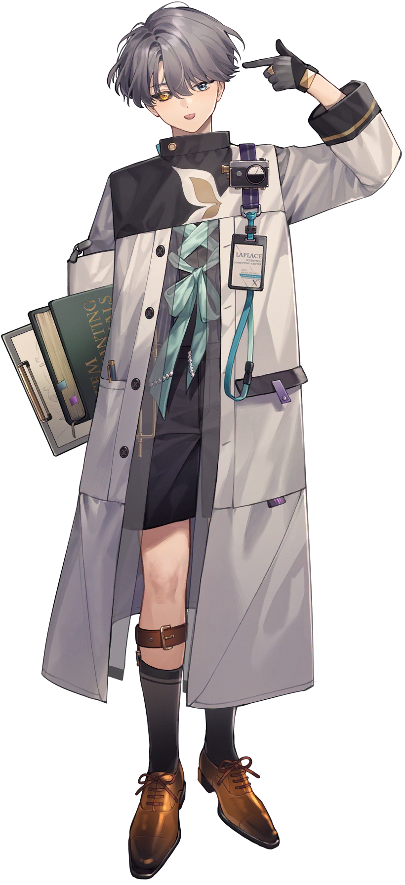 1boy aqua_bow black_sclera black_shorts black_socks black_sweater blue_eyes book bow brown_footwear coat colored_sclera dress_shoes finger_gun finger_gun_to_head full_body gloves grey_gloves grey_hair hand_up heterochromia highres holding holding_book id_card index_finger_raised mismatched_sclera open_mouth pocket reverse:1999 shorts smile socks solo standing sweater tachi-e third-party_source white_coat x_(reverse:1999) yellow_eyes