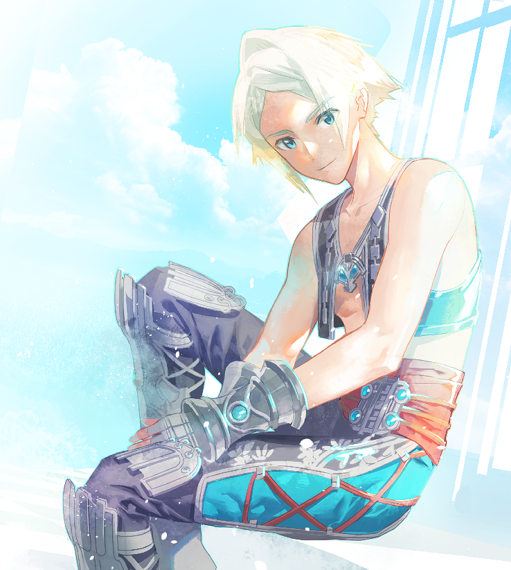 1boy blonde_hair blue_eyes closed_mouth clouds cofffee collarbone cropped final_fantasy final_fantasy_xii fingerless_gloves gloves jewelry looking_at_viewer male_focus revision short_hair smile solo vaan vest
