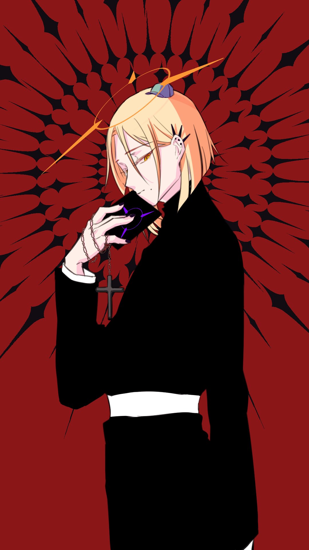 1boy black_nails blonde_hair book cassock closed_mouth cross ear_piercing hair_between_eyes halo hat highres holding holding_book holostars holostars_english magni_dezmond mole piercing priest red_background solo yellow_eyes