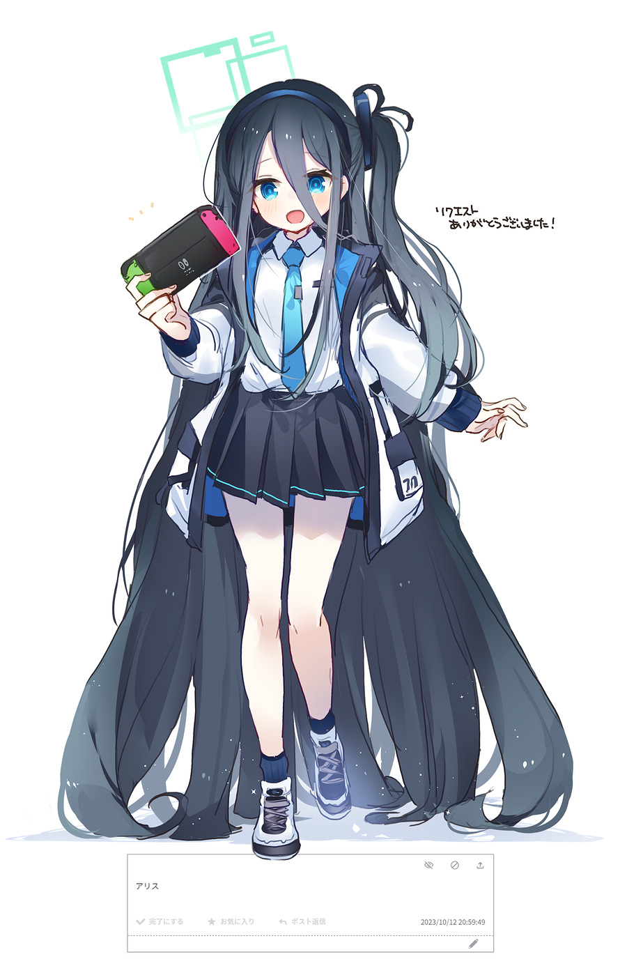 1girl absurdly_long_hair aris_(blue_archive) black_hair black_hairband black_skirt black_socks blue_archive blue_eyes blue_necktie blush collared_shirt commission full_body green_halo hairband halo handheld_game_console highres holding holding_handheld_game_console jacket long_hair long_sleeves multicolored_clothes multicolored_jacket necktie nintendo_switch one_side_up open_clothes open_jacket open_mouth pleated_skirt ringed_eyes shirt shoes simple_background skirt smile socks solo two-tone_jacket very_long_hair white_background white_footwear white_jacket white_shirt yun_(dust-i1)