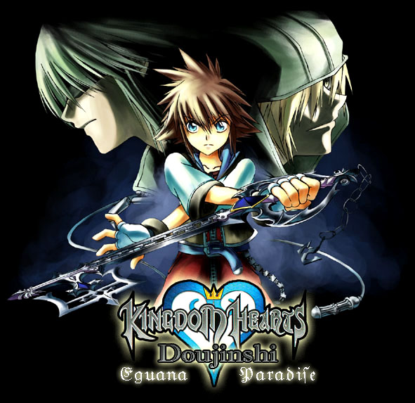 3boys belt black_background black_blindfold black_hood blindfold blonde_hair blue_belt blue_eyes brown_hair chain commentary cover cover_page crossed_arms determined doujin_cover eguana english_commentary fingerless_gloves gloves holding holding_weapon hood hood_down hood_up hooded_jacket jacket jumpsuit keyblade kingdom_hearts kingdom_hearts_i kingdom_hearts_ii male_focus multiple_boys oblivion_(keyblade) red_jumpsuit riku_(kingdom_hearts) roxas serious short_hair short_jumpsuit short_sleeves sora_(kingdom_hearts) spiky_hair weapon white_gloves white_hair yellow_eyes