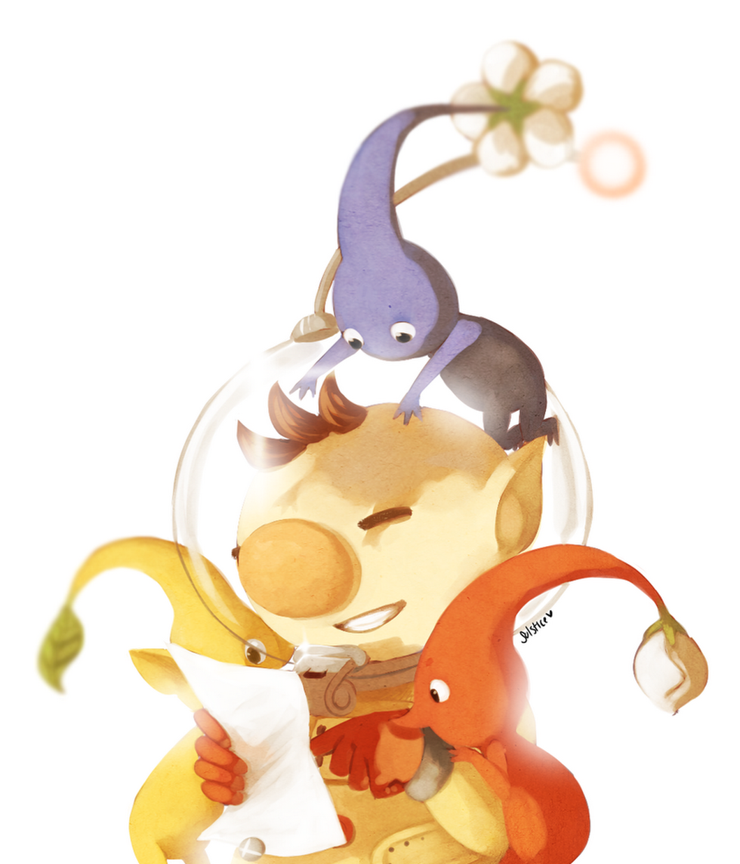 1boy artist_name backpack bad_id bad_pixiv_id bag big_nose black_eyes blue_pikmin blue_skin brown_hair bud buttons closed_eyes colored_skin flower gloves hands_on_another's_arm helmet highres holding holding_letter leaf letter looking_at_object lying lying_on_person male_focus no_mouth olimar on_stomach open_mouth patch pikmin_(creature) pikmin_(series) pointing pointy_ears pointy_nose radio_antenna reading red_bag red_gloves red_pikmin red_skin short_hair signature sitting sitting_on_head sitting_on_person smash_invitation smile solo_focus solsticerose space_helmet spacesuit super_smash_bros. teeth upper_body very_short_hair whistle white_background white_flower yellow_pikmin yellow_skin