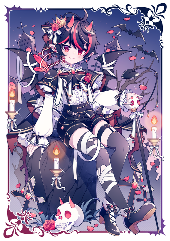 1boy :3 animal_ears bandaged_leg bandaged_wings bandages bat_(animal) black_bow black_bowtie black_cape black_footwear black_hair black_nails black_shorts black_thighhighs border bow bowtie candle cane cape cat_ears center_frills closed_eyes commentary crown demon_boy demon_horns demon_tail demon_wings dot_nose earrings flower frilled_shirt frills garter_straps grave hair_bow high-waist_shorts high_heels holding holding_cane horns hyou_(pixiv3677917) inset_border jewelry long_sleeves looking_at_viewer male_focus mini_crown multicolored_hair nail_polish night night_sky original ornate_border outdoors petals pointy_ears puffy_sleeves purple_sky red_eyes red_flower red_rose redhead rose shirt shorts signature single_garter_strap sitting skull sky smile streaked_hair suspenders symbol-only_commentary tail thigh-highs tombstone torn_clothes torn_thighhighs white_bow white_shirt wings