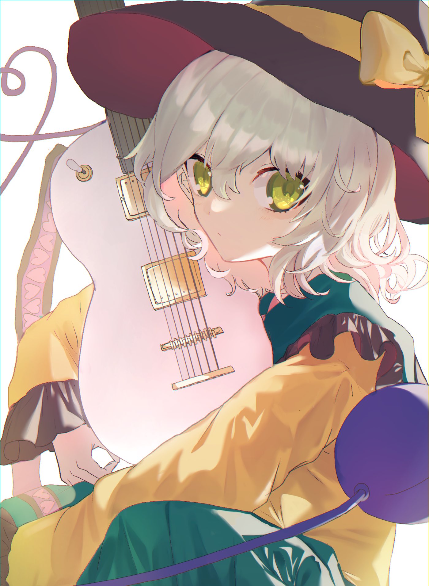 1girl black_headwear bow closed_mouth collared_shirt commentary expressionless eyelashes frilled_shirt_collar frilled_sleeves frills green_eyes grey_hair guitar hair_between_eyes hat hat_bow heart heart_of_string heart_print highres holding holding_instrument instrument koishi_day komeiji_koishi light_blush looking_at_viewer medium_hair shirt sidelighting simple_background sitting solo touhou tsukikusa wavy_hair white_background wide_sleeves yellow_bow yellow_shirt