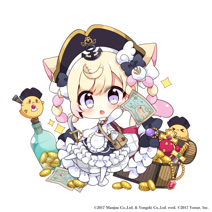 &gt;_&lt; 1girl anchor_hair_ornament animal_ears apron azur_lane blonde_hair cat cat_ears cat_girl cat_tail chibi coin drake_(meowfficer)_(azur_lane) dress frilled_apron frilled_dress frills gem gold_coin hair_ornament hat holding holding_map holding_sword holding_weapon looking_at_viewer manjuu_(azur_lane) map meowfficer_(azur_lane) muuran official_art pirate_hat red_gemstone solo sword tail treasure_chest violet_eyes weapon white_apron white_dress