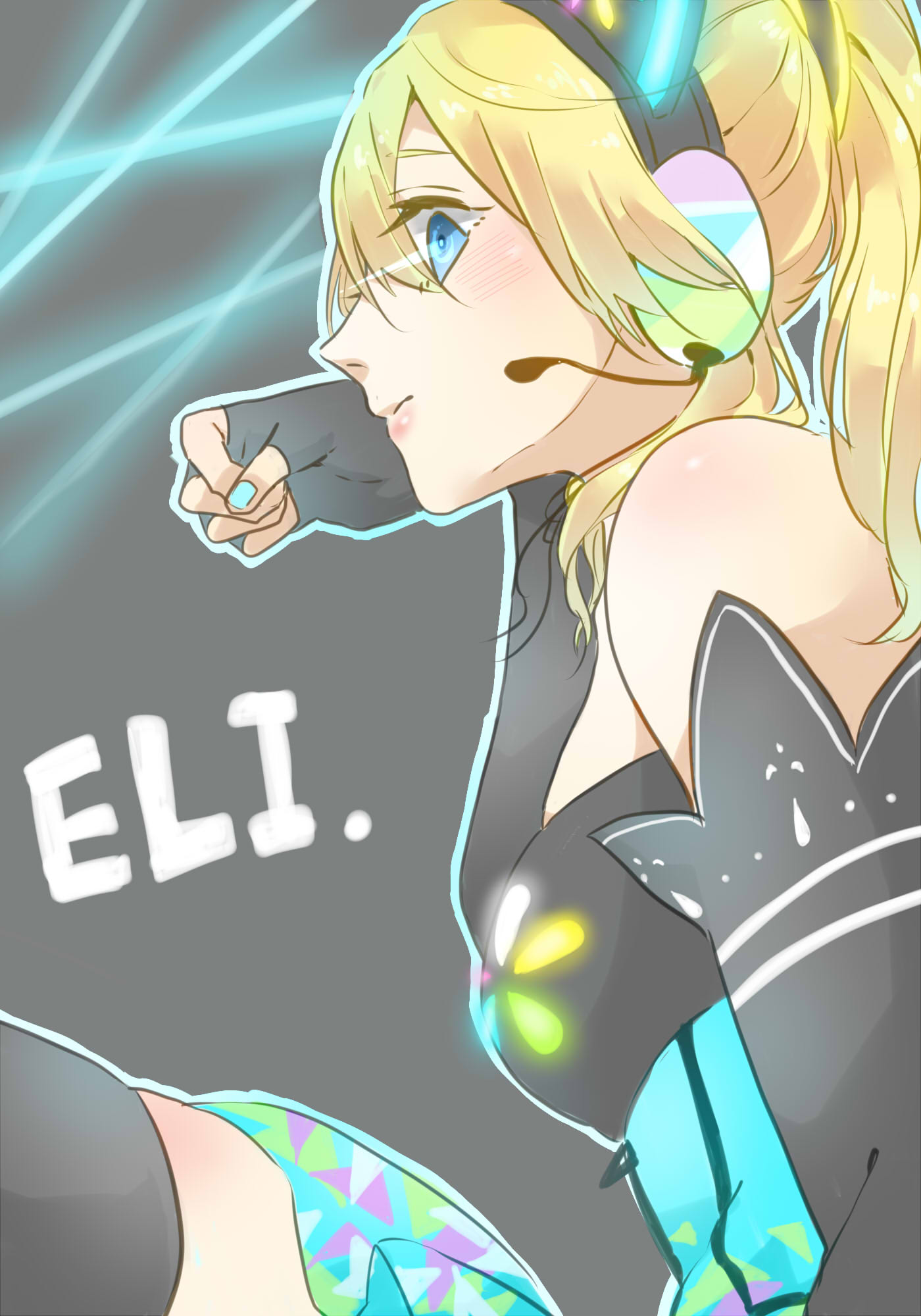 1girl animal_ear_headphones animal_ears ayase_eli bare_shoulders black_gloves black_thighhighs blonde_hair blue_eyes blue_nails blush breasts cat character_name closed_mouth commentary_request dress elbow_gloves fake_animal_ears fingerless_gloves gloves hair_between_eyes headphones highres idol idol_clothes kashikaze love_live! love_live!_school_idol_project medium_breasts medium_hair nail_polish outline ponytail skindentation solo strapless strapless_dress thigh-highs white_outline