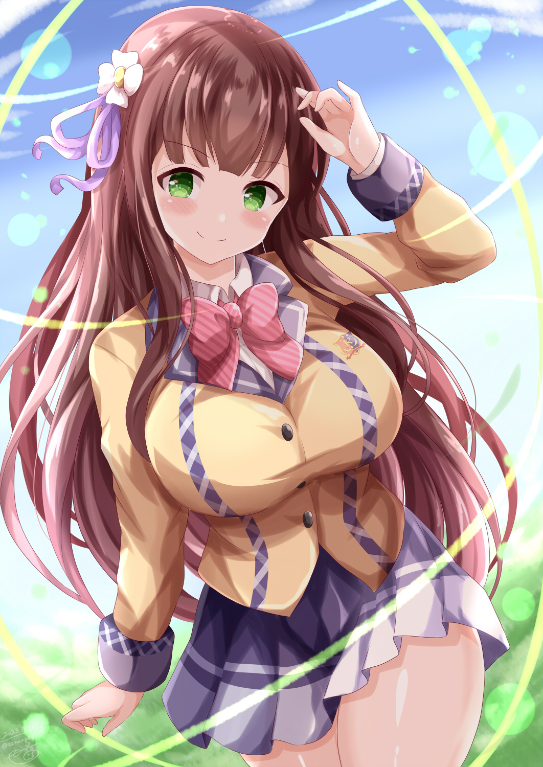 1girl arm_up blue_skirt blue_sky blush bow breasts brown_hair brown_jacket closed_mouth clouds collared_shirt commentary_request dated day diagonal-striped_bow diagonal_stripes flower gochuumon_wa_usagi_desu_ka? green_eyes hair_flower hair_ornament hair_ribbon highres jacket large_breasts long_hair looking_at_viewer outdoors pink_bow pleated_skirt purple_ribbon ribbon school_uniform shirt signature skirt sky smile solo striped twitter_username ujimatsu_chiya very_long_hair white_flower white_shirt xenon_(for_achieve)