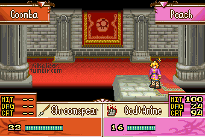 animated animated_gif attack blonde_hair chinese_clothes crossover duel english_commentary english_text fire fire_emblem goomba heads-up_display holding holding_polearm holding_weapon jacket kung_fu_master_peach pixel_art polearm princess_peach princess_peach:_showtime! purple_jacket spear sprite stomping super_mario_bros. super_mushroom tumblr_username vilkalizer weapon