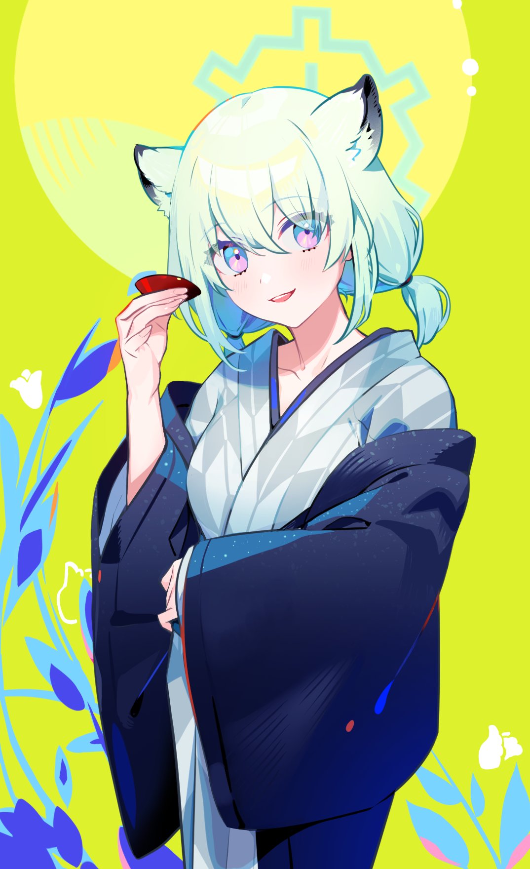 1girl animal_ears bath_yukata blue_archive blush cup fingernails green_background green_hair grey_kimono hair_between_eyes highres holding holding_cup japanese_clothes kimono long_sleeves looking_at_viewer medium_hair official_alternate_costume open_mouth shigure_(blue_archive) shigure_(hot_spring)_(blue_archive) smile solo violet_eyes weasel_ears wide_sleeves yukata yuura