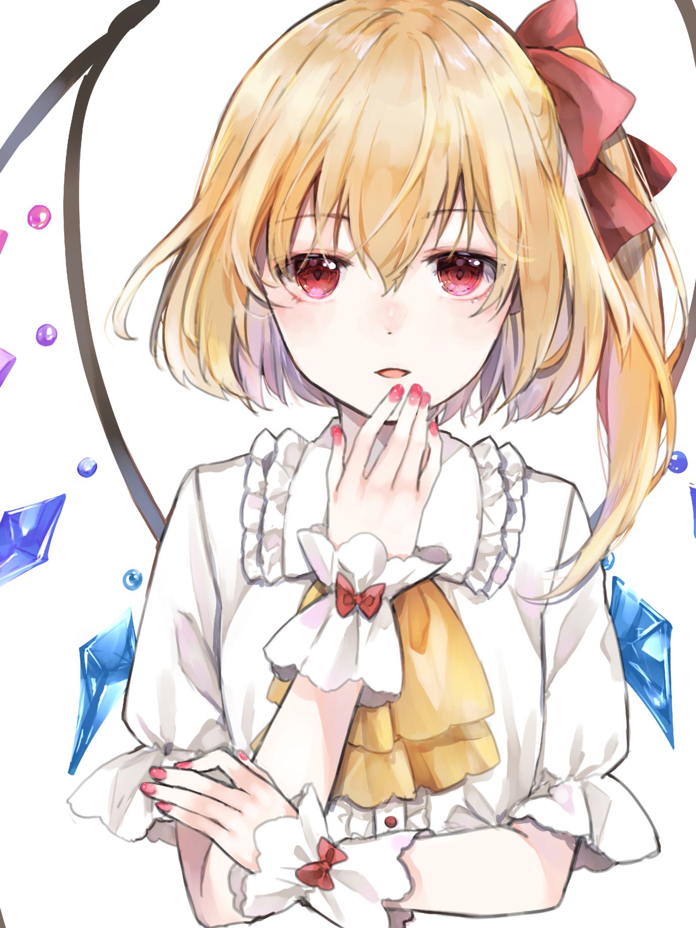 1girl ascot blonde_hair bow breasts buttons center_frills collared_shirt crystal flandre_scarlet frilled_shirt_collar frilled_sleeves frills hair_between_eyes hair_bow highres looking_at_viewer medium_hair multicolored_wings nail_polish no_headwear no_vest one_side_up open_mouth pink_nails puffy_short_sleeves puffy_sleeves rainbow_order red_bow red_eyes shirt short_sleeves simple_background small_breasts solo touhou upper_body white_background wings wrist_cuffs yellow_ascot yurara_(aroma42enola)