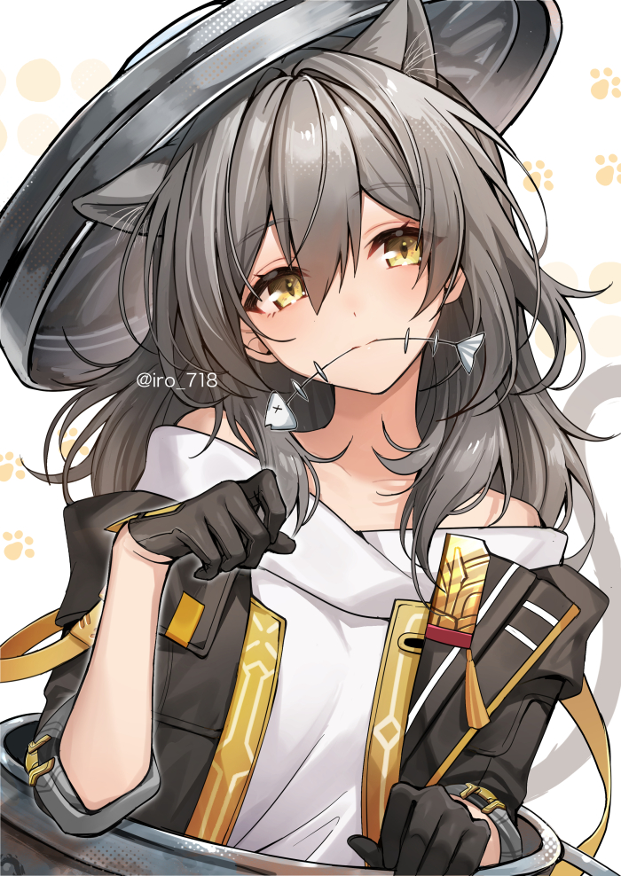 animal_ears bare_shoulders black_gloves black_jacket cat_ears fish_bone gloves grey_hair hair_between_eyes hand_up honkai:_star_rail honkai_(series) in_trash_can iro_178 jacket long_sleeves looking_to_the_side medium_hair messy_hair mouth_hold off_shoulder paw_pose paw_print paw_print_background shirt simple_background sleeve_rolled_up stelle_(honkai:_star_rail) trailblazer_(honkai:_star_rail) trash_can trashcan_lid twitter_username upper_body white_background white_shirt yellow_eyes yellow_trim