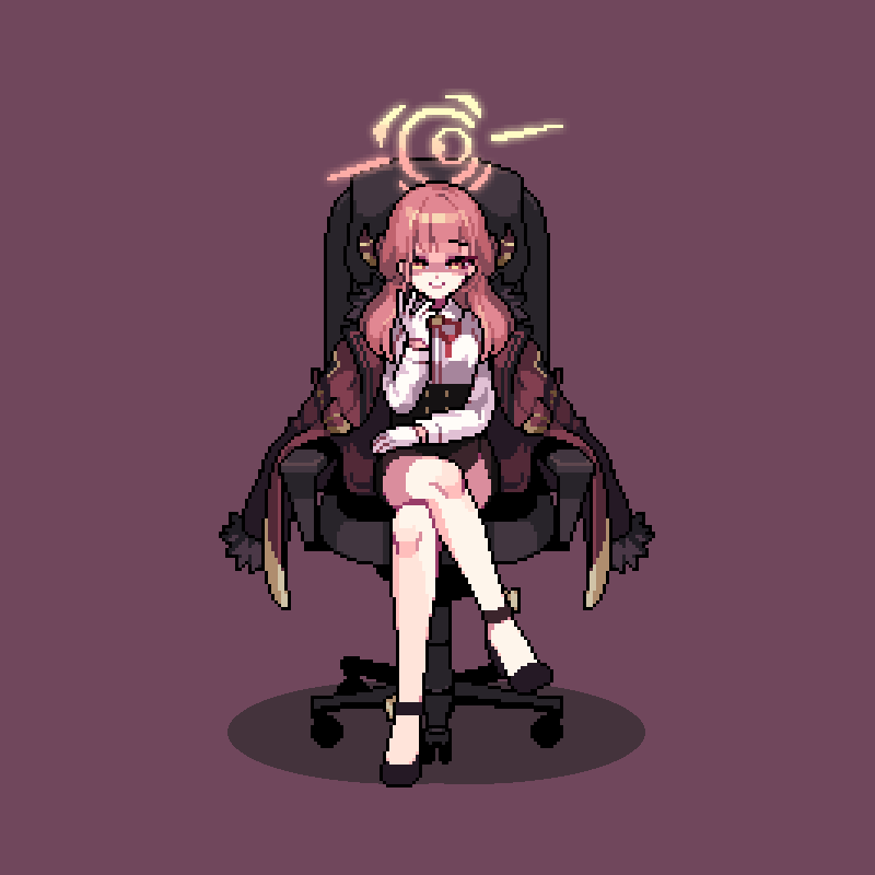 17antares 1girl aru_(blue_archive) black_footwear black_skirt blue_archive chair coat coat_on_shoulders crossed_legs demon_horns fur-trimmed_coat fur_trim gloves halo hand_up high_heels horns legs long_hair long_sleeves looking_at_viewer office_chair on_chair pencil_skirt pixel_art red_background red_coat red_ribbon redhead ribbon shirt side_slit sitting skirt smile solo swivel_chair thighs white_gloves white_shirt yellow_eyes