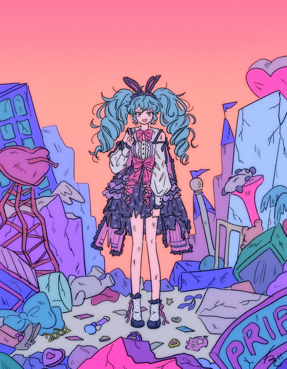 1girl animal_ears blue_hair center_frills clothing_cutout commentary_request crack cracked_glass cracked_wall dirty drill_hair fake_animal_ears frilled_skirt frills full_body hand_up heart highres idol_land_pripara katasumi_amari long_hair long_sleeves looking_at_viewer messy_hair microphone nervous_smile open_mouth pink_sky polka_dot polka_dot_skirt pretty_(series) pripara puffy_long_sleeves puffy_sleeves rabbit_ears rituyama1 rubble shoes shoulder_cutout signature skirt sky smile solo standing star_(symbol) stuffed_animal stuffed_panda stuffed_toy ticket torn_clothes twin_drills twintails unworn_eyewear