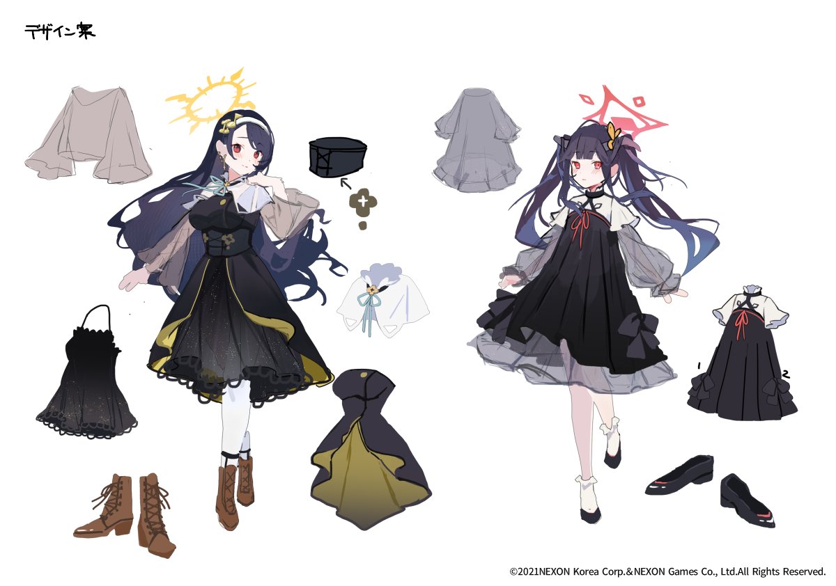 2girls alternate_costume black_dress black_hair blue_archive boots butterfly_hair_ornament demon_horns dress full_body fuuka_(blue_archive) habit hair_ornament halo hinata_(blue_archive) horns multiple_girls musical_note musical_note_hair_ornament nuudoru official_art red_eyes reference_sheet simple_background standing white_background