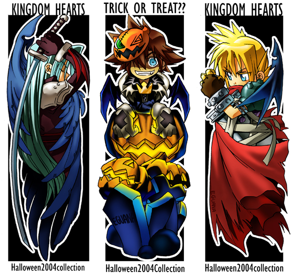 3boys armor bandages bat_wings black_background black_coat black_wings blonde_hair blue_eyes blue_hair brown_gloves brown_hair cape closed_eyes cloud_strife coat column_lineup commentary eguana english_text evil_grin evil_smile facing_away fang feathered_wings final_fantasy final_fantasy_vii fingerless_gloves gloves graveyard grin halloween high_collar holding holding_sword holding_weapon jack-o'-lantern katana kingdom_hearts kingdom_hearts_i leaning leaning_forward light_blue_hair long_hair long_sleeves male_focus mask mask_on_head multiple_boys official_alternate_costume pauldrons pumpkin red_cape sephiroth serious short_hair shoulder_armor single_wing smile sora_(kingdom_hearts) spiky_hair sword tombstone trick_or_treat weapon white_background white_gloves wings