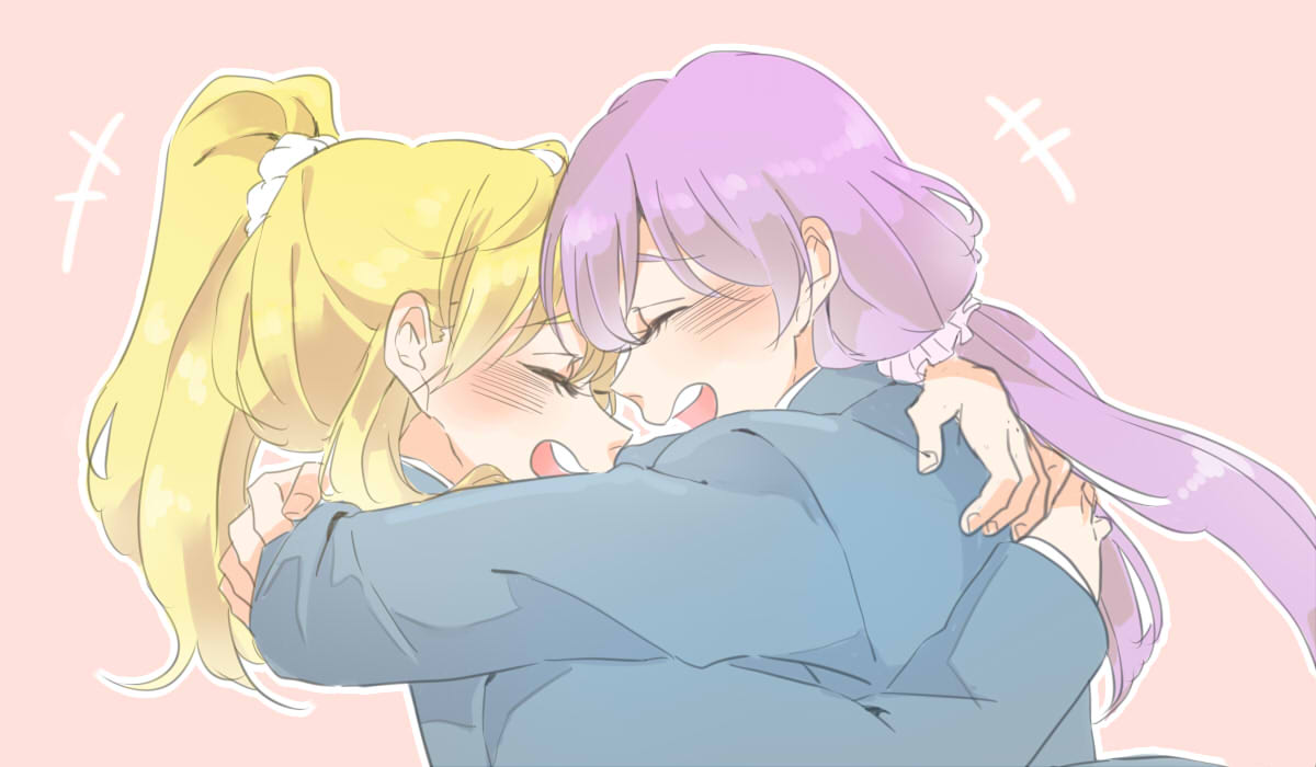 2girls ayase_eli blazer blonde_hair blue_jacket blush closed_eyes commentary_request floating_hair forehead-to-forehead hair_ornament hair_scrunchie heads_together hug jacket kashikaze long_hair long_sleeves love_live! love_live!_school_idol_project low_twintails medium_hair multiple_girls open_mouth otonokizaka_school_uniform outline pink_background ponytail purple_hair purple_scrunchie school_uniform scrunchie shirt simple_background teeth toujou_nozomi twintails upper_teeth_only white_outline white_scrunchie white_shirt yuri