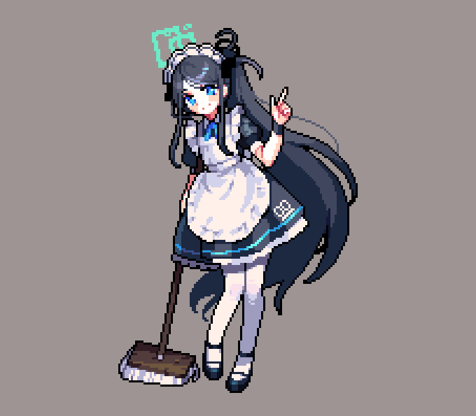 17antares 1girl apron aris_(blue_archive) aris_(maid)_(blue_archive) black_dress black_footwear black_hair black_wristband blue_archive blue_bow blue_bowtie blue_eyes blush bow bowtie broom dress flat_chest frilled_apron frills full_body grey_background halo hand_up holding holding_broom index_finger_raised long_hair looking_at_viewer maid_apron maid_headdress official_alternate_costume pantyhose pixel_art puffy_short_sleeves puffy_sleeves short_sleeves sidelocks smile solo standing very_long_hair white_apron white_pantyhose