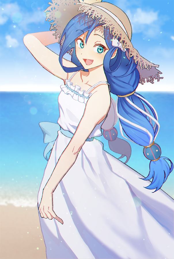 1girl arm_behind_head arm_up bare_shoulders beach blue_hair bow collarbone dana_(ys) dress green_eyes hair_bow hair_rings hat long_braid long_hair looking_at_viewer love_credo ocean open_mouth outdoors sand smile solo straw_hat sundress twintails water white_bow white_dress ys ys_viii_lacrimosa_of_dana
