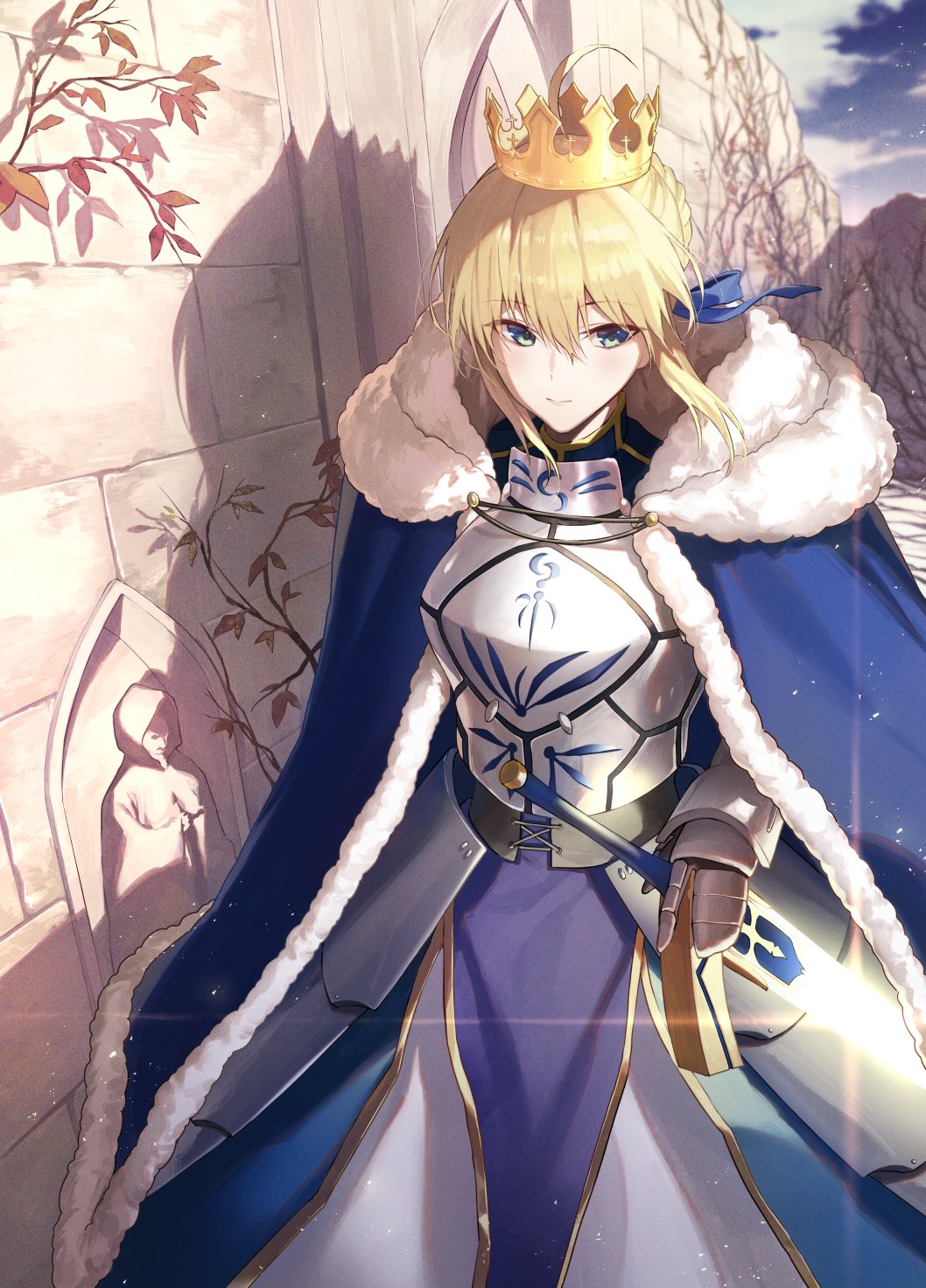 1girl ahoge armor armored_dress artoria_pendragon_(fate) blonde_hair blue_ribbon cape closed_mouth clouds crown fate/grand_order fate_(series) faulds fumi_fumi_(7837224) fur-trimmed_cape fur_trim gauntlets glowing glowing_sword glowing_weapon green_eyes hair_ribbon highres ribbon saber sky solo statue sword wall weapon