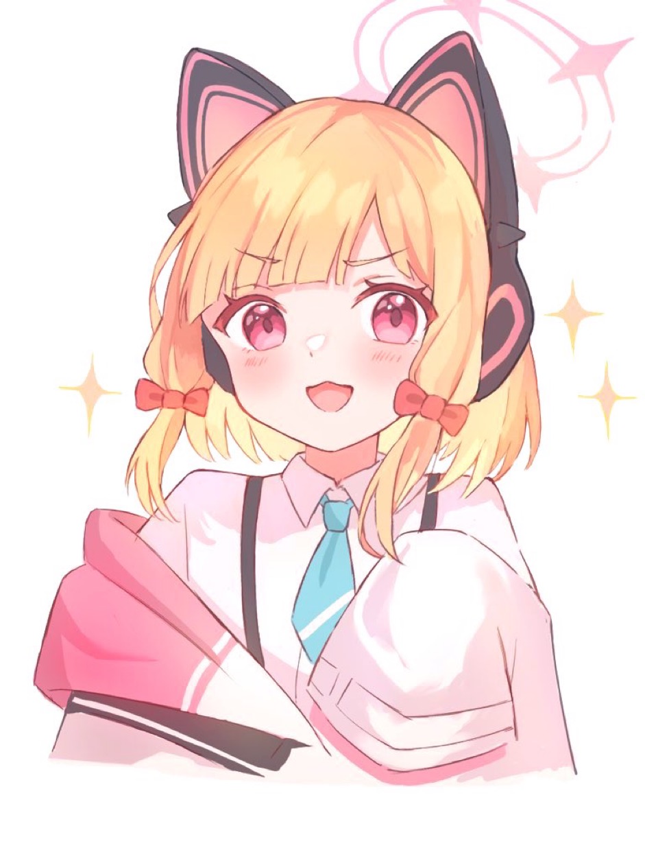 1girl animal_ear_headphones animal_ears blonde_hair blue_archive blue_necktie bow cat_ear_headphones fake_animal_ears hair_bow halo headphones highres jacket looking_at_viewer momoi_(blue_archive) muki_c necktie open_mouth pink_eyes pink_halo red_bow shirt short_hair simple_background sleeves_past_fingers sleeves_past_wrists solo sparkle upper_body white_background white_jacket white_shirt