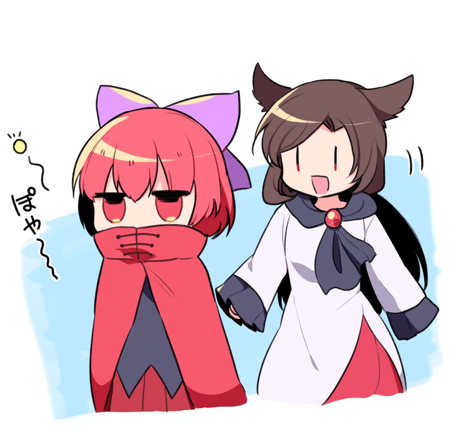2girls black_shirt bow brown_hair cape commentary_request dress imaizumi_kagerou jewelry long_hair long_sleeves multiple_girls nakukoroni open_mouth purple_bow red_cape red_dress red_eyes red_skirt redhead sekibanki shirt short_hair simple_background skirt touhou translation_request white_background white_dress |_|