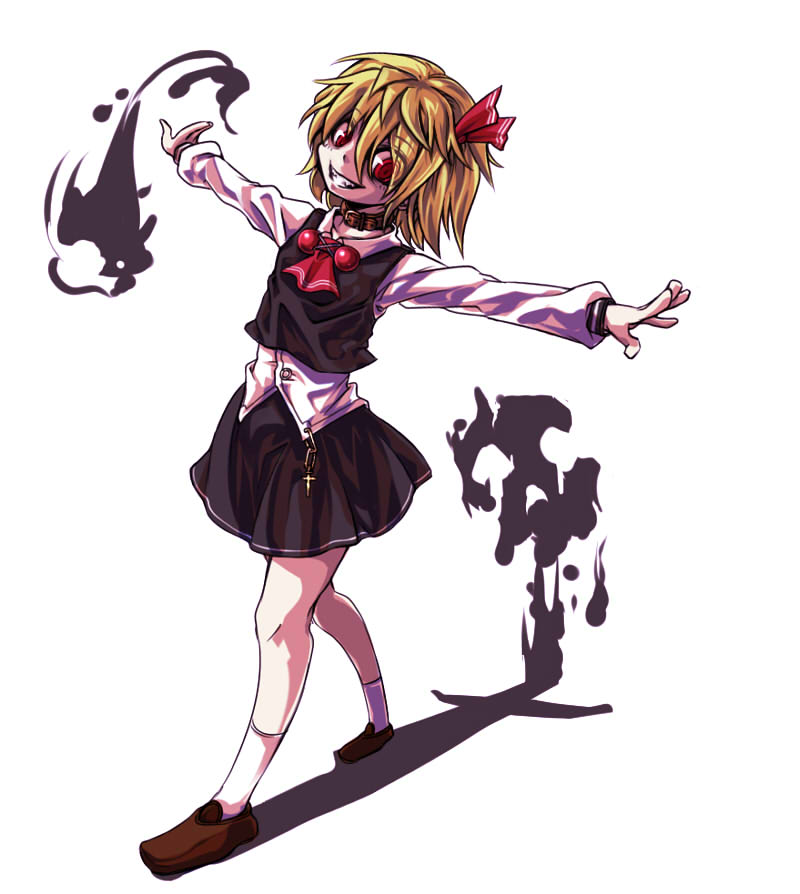 1girl black_skirt black_vest blonde_hair brown_footwear commentary darkness full_body hair_ribbon long_sleeves looking_at_viewer outstretched_arms red_eyes red_ribbon ribbon rumia shirt short_hair simple_background skirt socks solo sw_(stevew) touhou vest white_background white_shirt white_socks