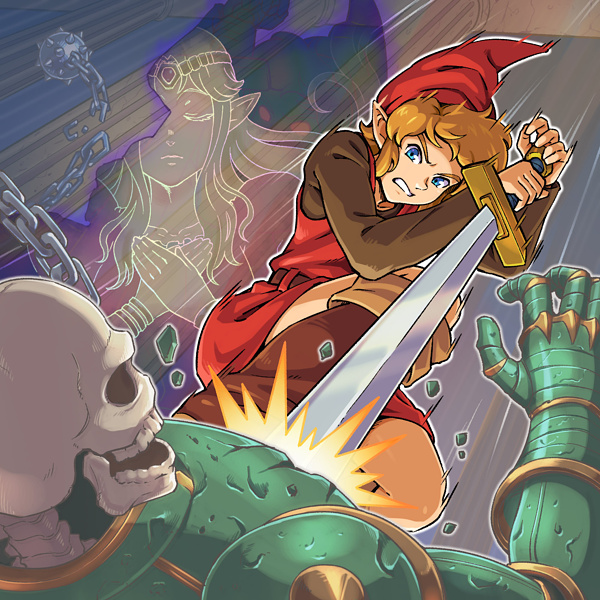 ball_and_chain_(weapon) blue_eyes brown_shirt clenched_teeth duel gomi green_armor holding holding_sword holding_weapon link princess_zelda red_headwear red_tunic shattered shirt skeleton stalfos sword teeth the_legend_of_zelda weapon zelda_ii:_the_adventure_of_link