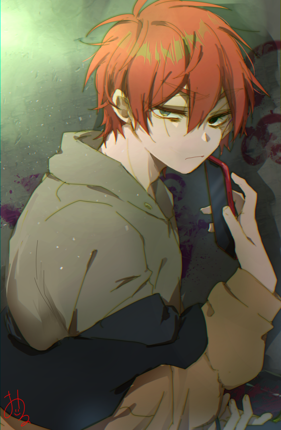 1boy black_jacket brown_eyes brown_jacket cellphone closed_mouth collared_shirt graffiti grey_background highres holding holding_phone jacket jacket_partially_removed kajiyama_fuuta kao_ru05 looking_at_viewer male_focus milgram multicolored_clothes multicolored_jacket phone redhead shirt short_hair solo wall