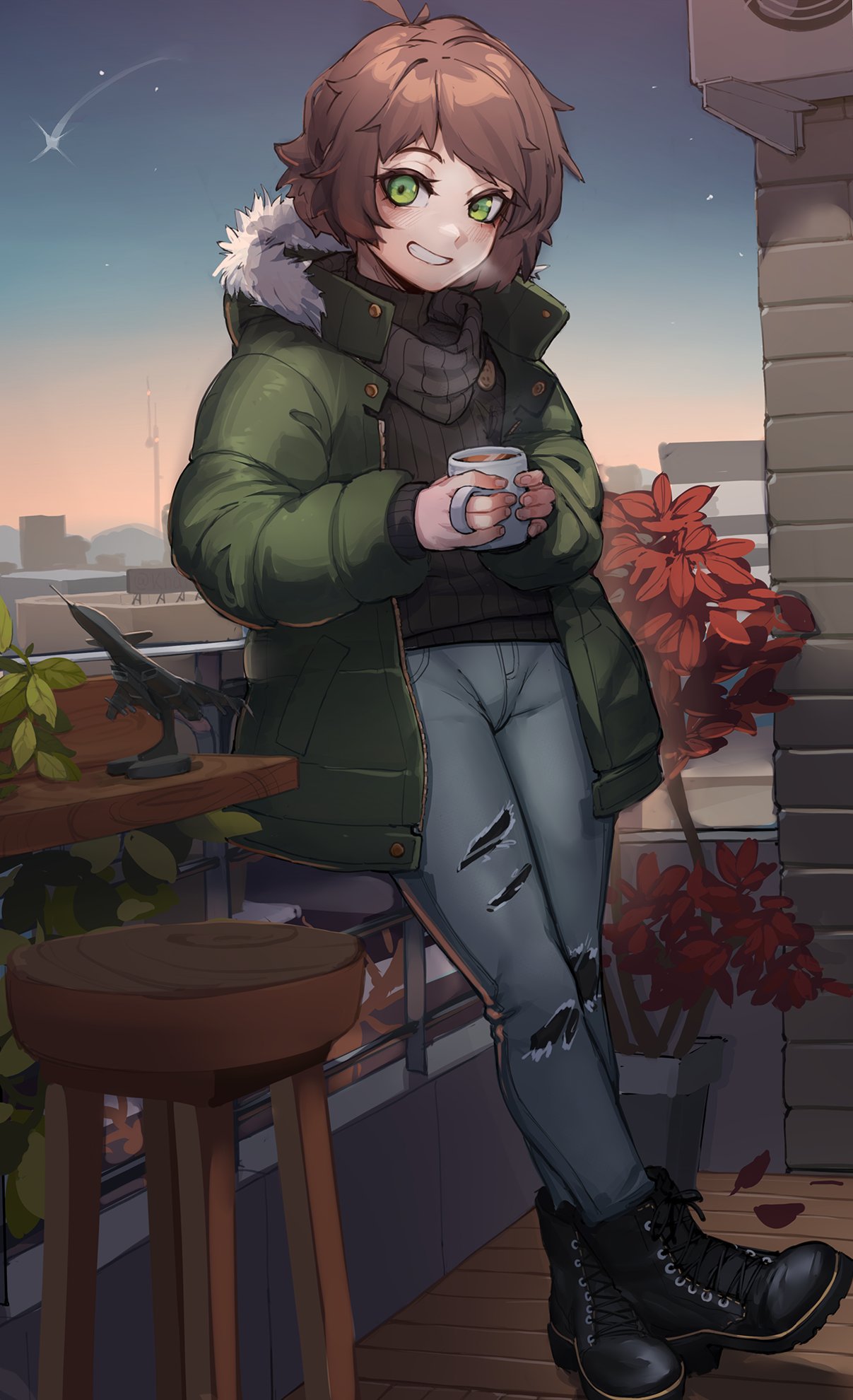 1girl against_railing balcony black_footwear black_sweater blush boots brown_hair coffee_mug cup denim english_commentary full_body fur-trimmed_jacket fur_trim green_eyes green_jacket grin highres holding holding_cup jacket jeans k-rha's long_sleeves looking_at_viewer mug open_clothes open_jacket original outdoors pants railing short_hair sky smile solo star_(sky) starry_sky sweater torn_clothes torn_jeans torn_pants turtleneck turtleneck_sweater