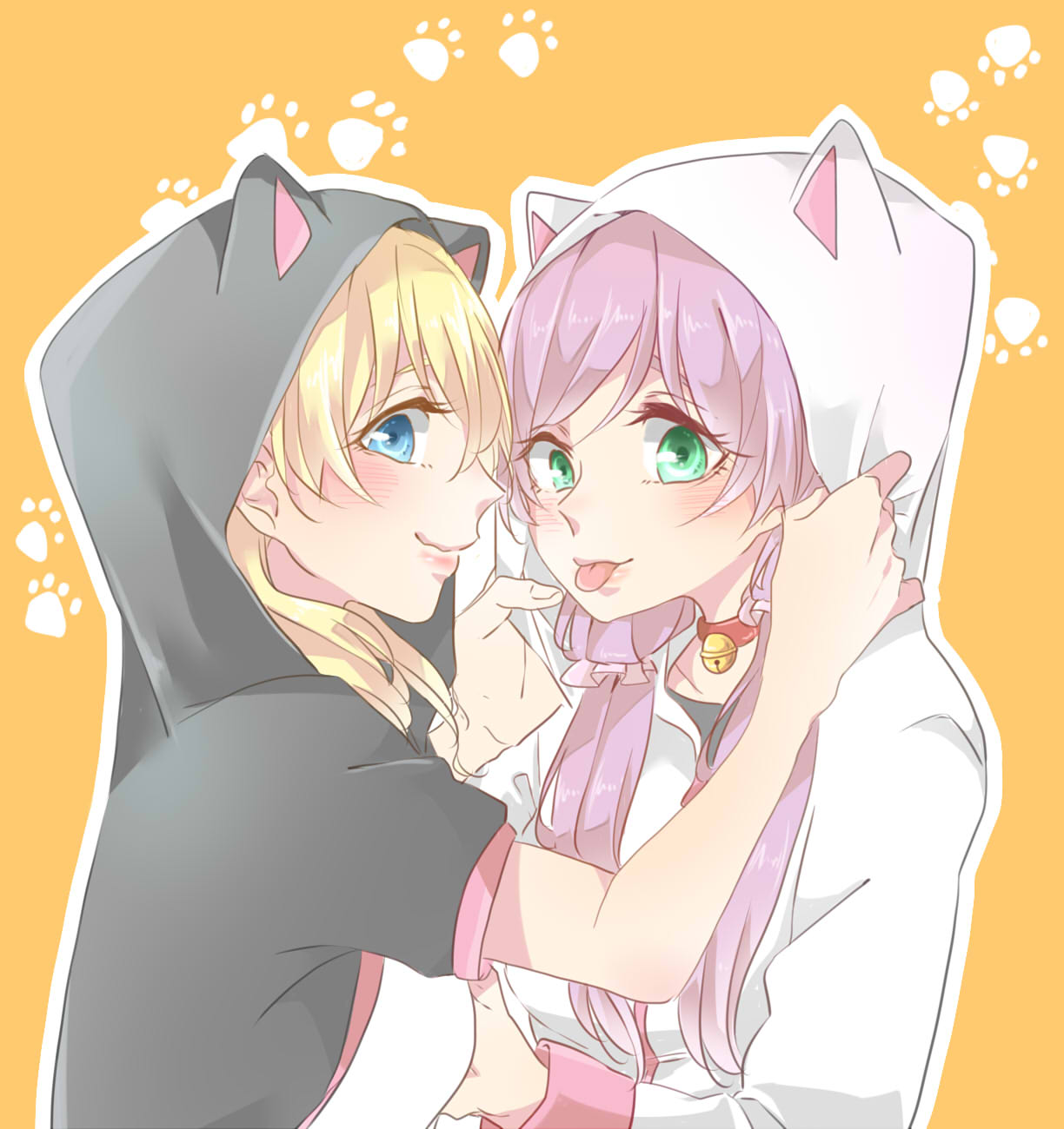2girls animal_ear_hood animal_hood ayase_eli bell blonde_hair blue_eyes blush cat_hood choker closed_mouth collarbone commentary_request green_eyes hair_between_eyes hair_down hair_ornament hair_scrunchie highres hood kashikaze long_hair looking_at_viewer love_live! love_live!_school_idol_project medium_hair multiple_girls neck_bell onesie orange_background outline paw_print paw_print_background purple_hair red_choker scrunchie tongue tongue_out toujou_nozomi upper_body white_outline yuri