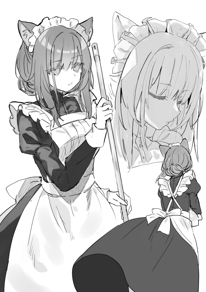 1girl animal_ears apron back_bow bow breasts broom cat_ears cat_girl closed_eyes closed_mouth commentary_request dress expressionless frilled_apron frills from_behind greyscale hand_up hiragi_hanika holding holding_broom juliet_sleeves long_dress long_sleeves maid_apron maid_headdress medium_hair monochrome multiple_views original partial_commentary puffy_sleeves sidelocks simple_background sketch small_breasts standing u_u white_background