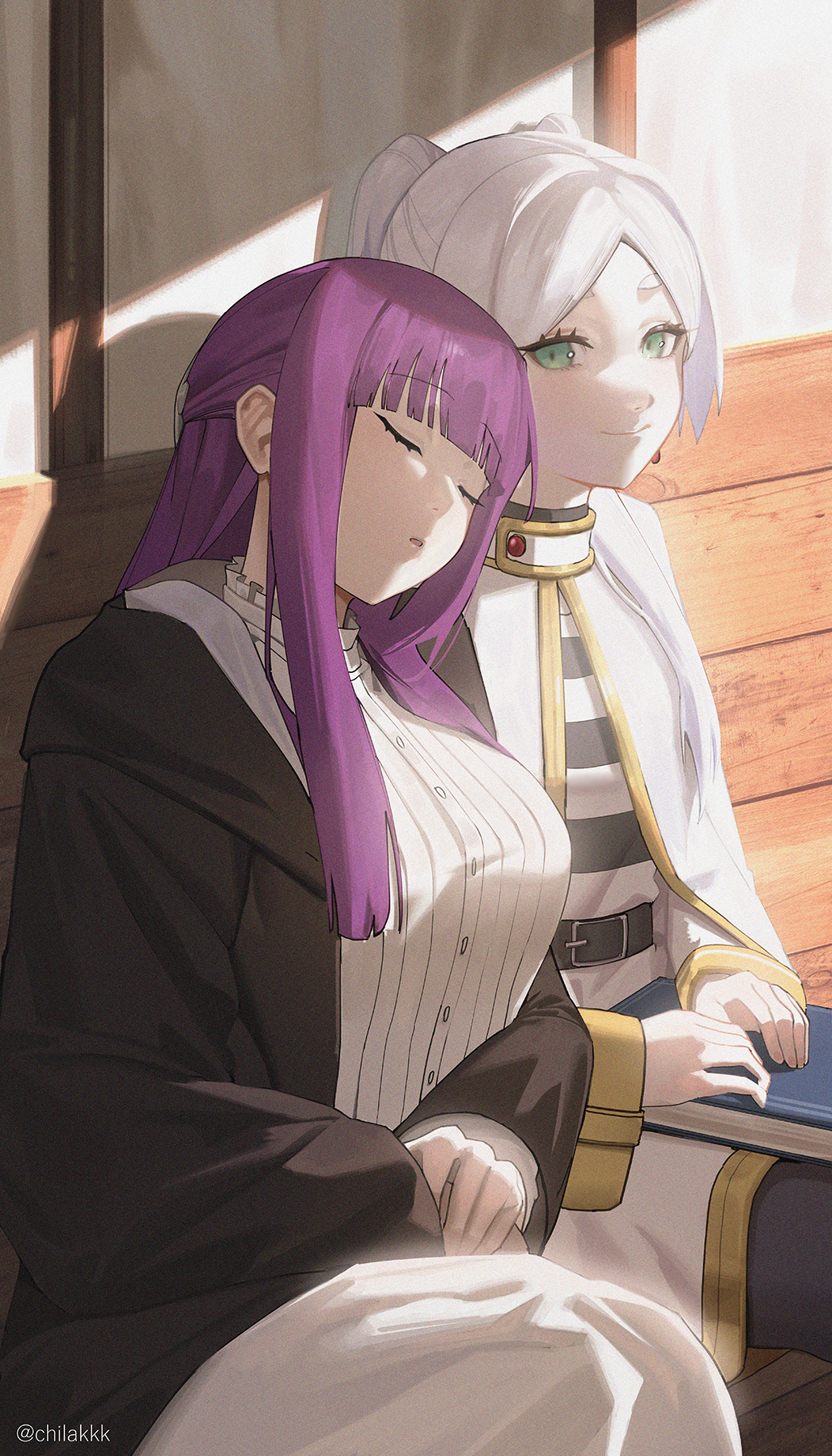 2girls belt black_belt black_cloak blunt_bangs book breasts capelet carriage chilakkk cloak closed_eyes collar dress earrings elf fern_(sousou_no_frieren) frieren frilled_collar frills green_eyes hair_pulled_back half_updo highres jewelry large_breasts long_hair looking_to_the_side multiple_girls pantyhose parted_bangs pointy_ears purple_hair sidelocks sitting sleeping sleeping_on_person sleeping_upright smile sousou_no_frieren straight_hair twintails white_capelet white_dress white_hair