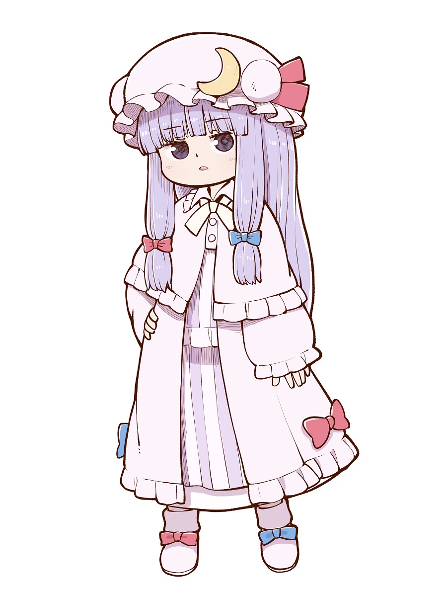1girl blue_bow blunt_bangs bow capelet commentary crescent crescent_hat_ornament dress dress_bow footwear_bow full_body hair_bow hand_on_own_hip hat hat_ornament hat_ribbon light_blush long_hair looking_at_viewer mob_cap parted_lips patchouli_knowledge pink_footwear poronegi purple_hair red_bow red_ribbon ribbon robe simple_background solo touhou very_long_hair violet_eyes white_background wide_sleeves