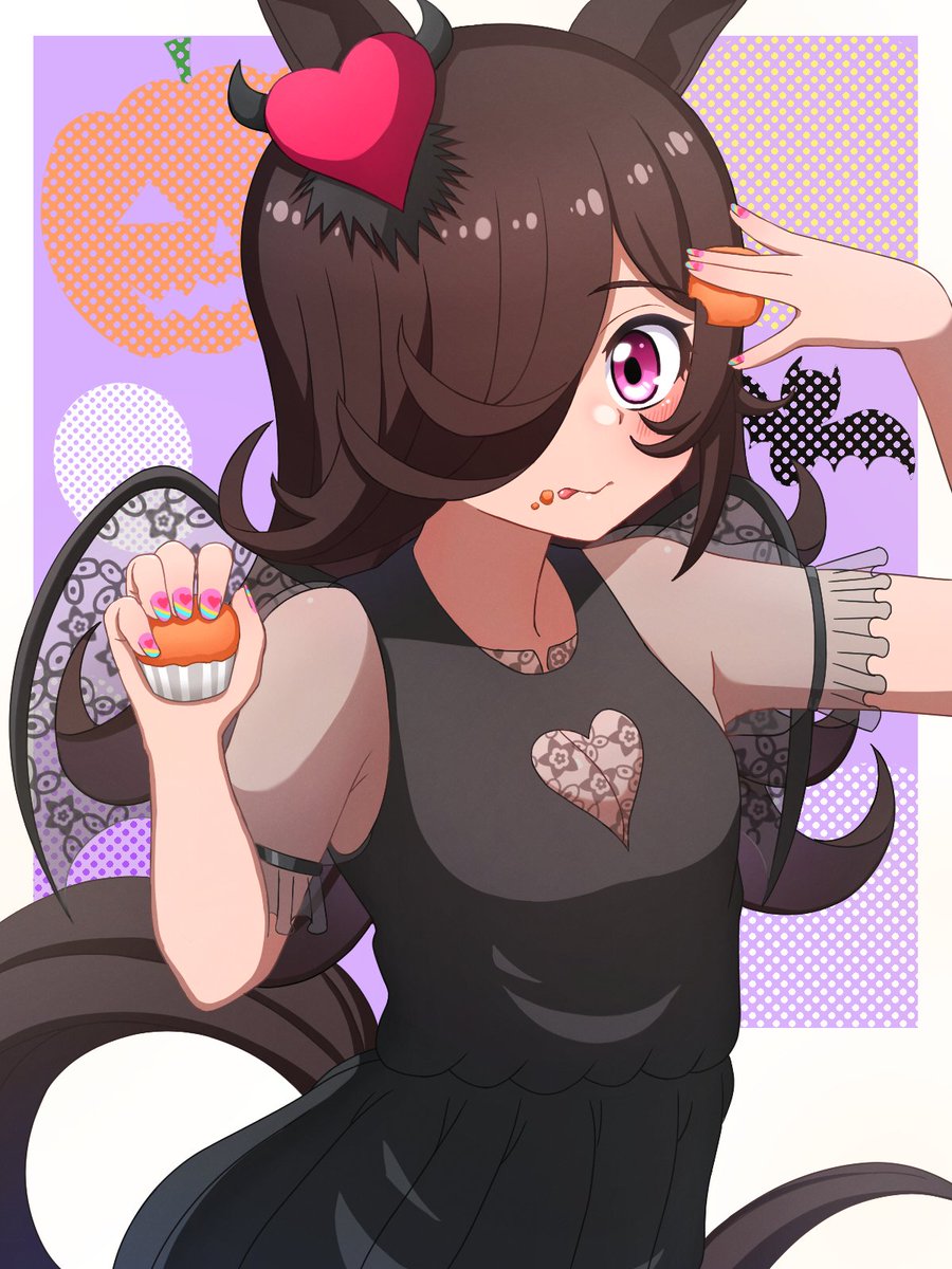 1girl animal_ears black_dress black_wings brown_hair closed_mouth clothing_cutout commentary cupcake dress fake_wings food food_on_face hair_ornament hair_over_one_eye halloween halloween_costume heart heart_cutout heart_hair_ornament highres hokuyukis holding holding_food horse_ears horse_girl horse_tail jack-o'-lantern licking_lips long_hair looking_at_viewer pleated_dress rice_shower_(umamusume) see-through see-through_sleeves short_sleeves smile solo standing tail tongue tongue_out umamusume violet_eyes wings