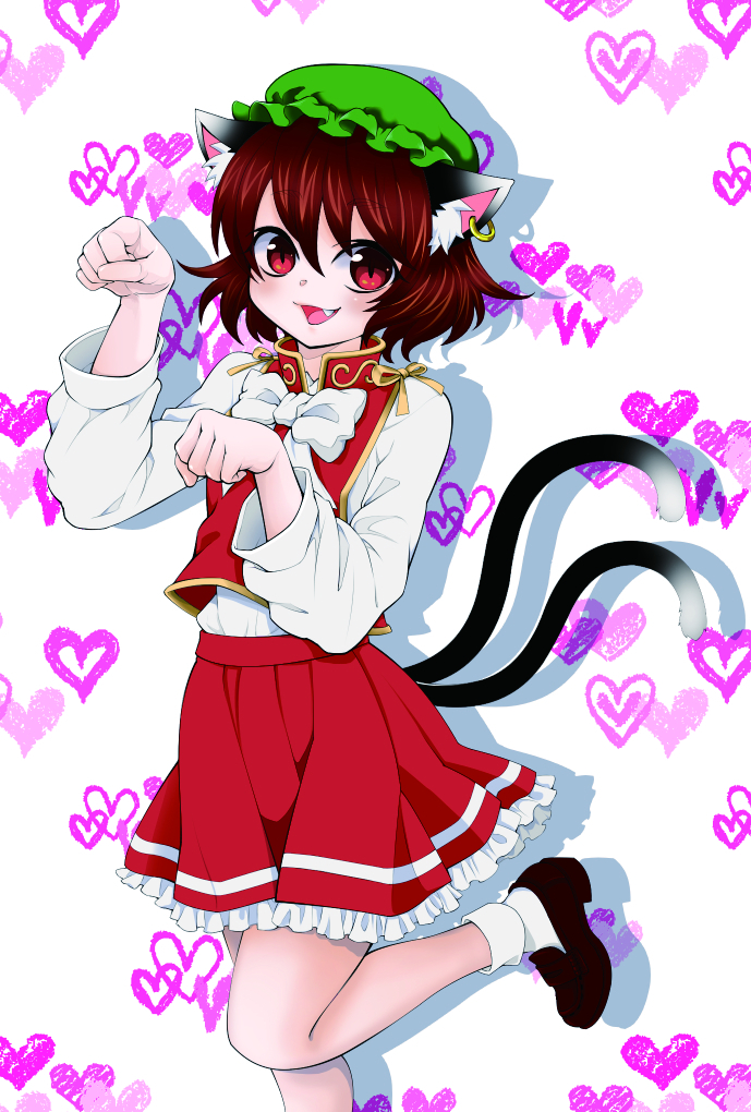 1girl :d animal_ear_fluff animal_ear_piercing animal_ears bobby_socks bow bowtie brown_hair cat_ears cat_tail chen commentary_request drop_shadow earrings fang flat_chest foot_out_of_frame frills gold_trim green_headwear hair_between_eyes hat heart heart_background jewelry knees_together_feet_apart long_sleeves looking_at_viewer mob_cap multiple_tails nekomata open_mouth paw_pose petticoat red_eyes red_skirt red_vest shoes short_hair simple_background single_earring skirt skirt_set slit_pupils smile socks solo standing standing_on_one_leg strawberry-shortcakes tail touhou two_tails vest white_background white_bow white_bowtie